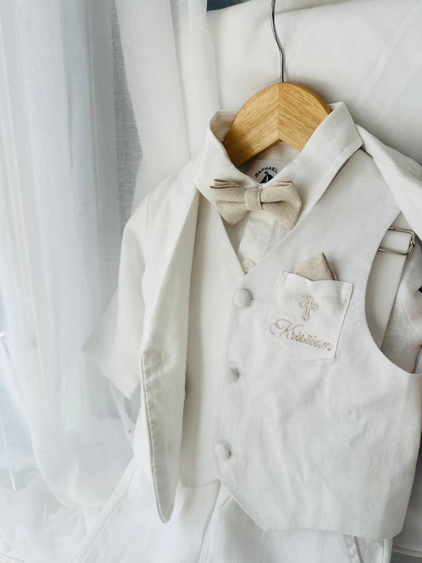 Boys white linen full 5 piece suit with vest, jacket, shirt, pants, suspenders and bow tie plus extras