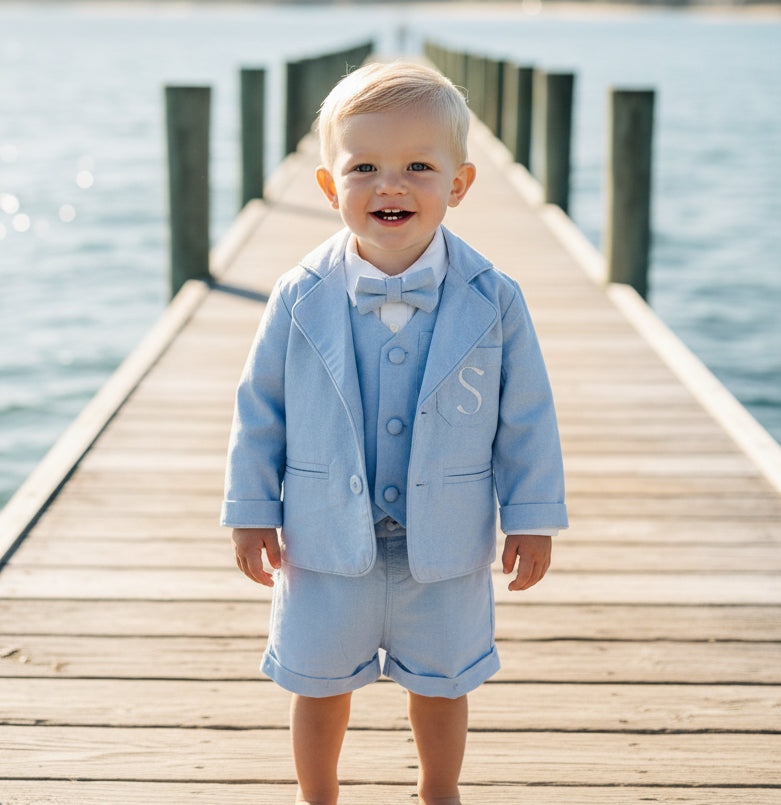 Pale blue summer vest set with blue vest, suspender shorts white shirt and blue blazer