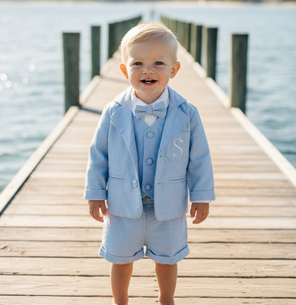 Pale blue summer vest set with blue vest, suspender shorts white shirt and bowtie
