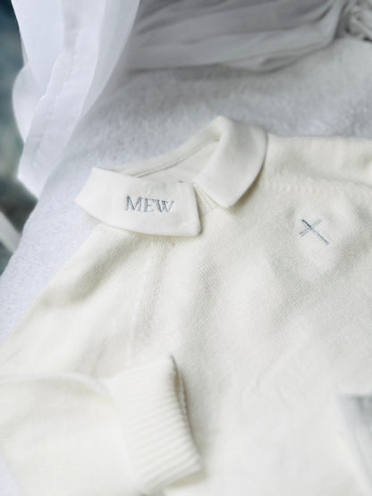 Baptism outfit with cotton onesie and jumper and linen bloomers and long socks