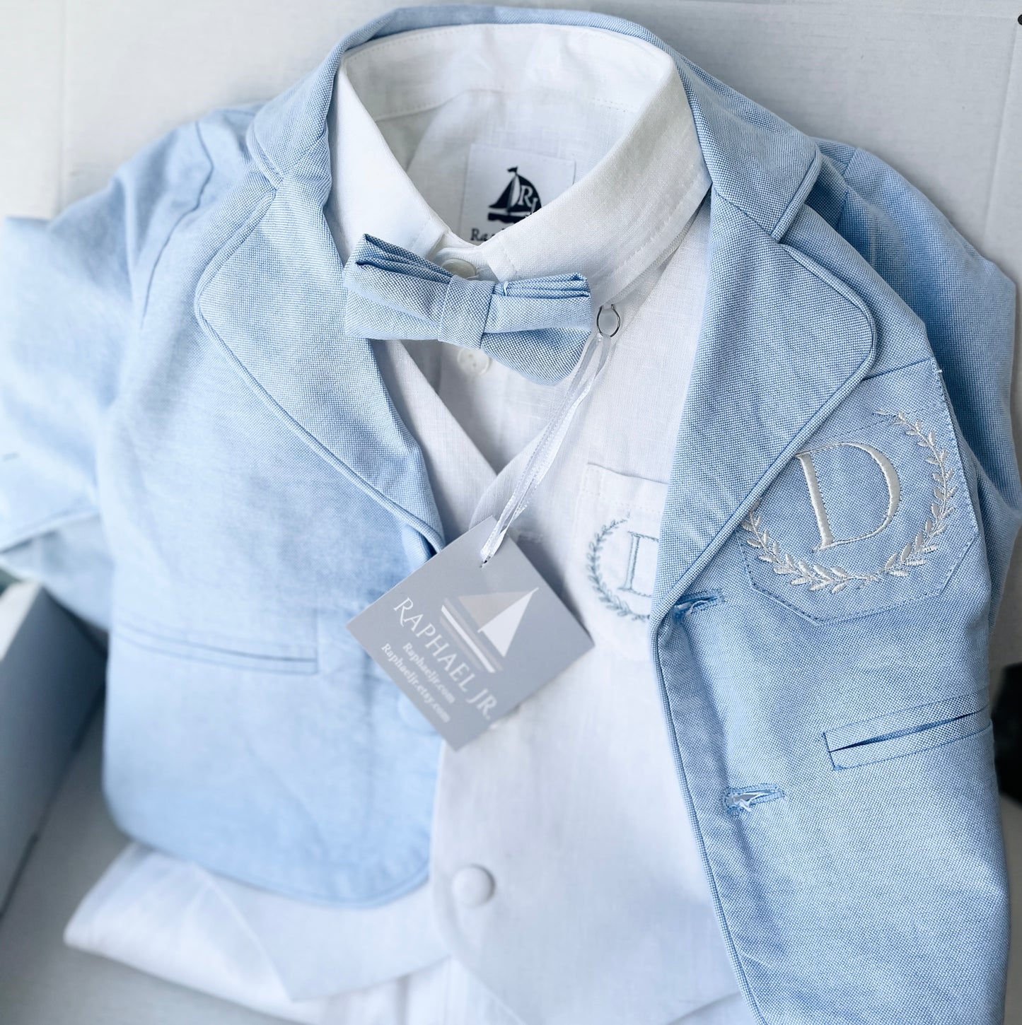 Baby and Toddler Boys white linen outfit with vest, shirt, pants, suspenders and bowtie plus optional blue blazer
