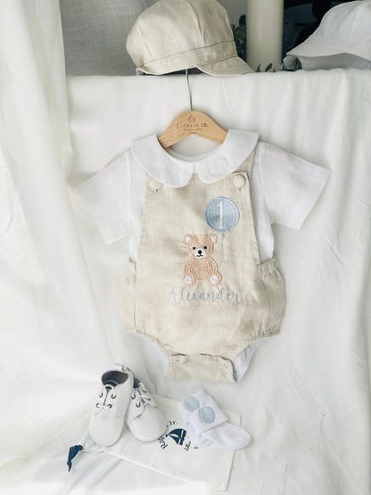Beige and white linen Birthday teddy bear romper and blouse set