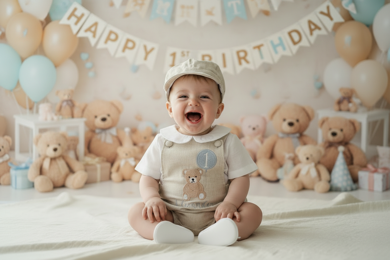 Beige and white linen Birthday and Baptism romper and blouse set