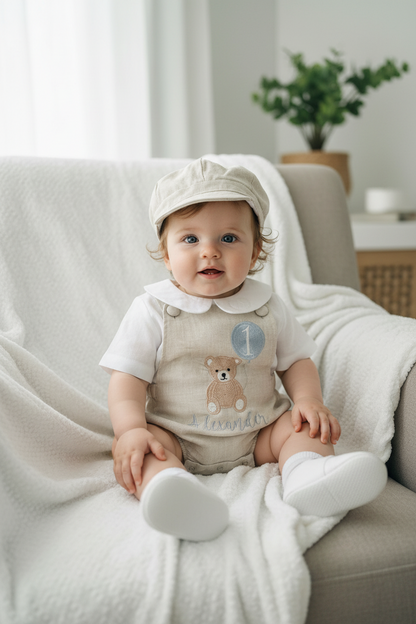 Beige and white linen and cotton baptism romper and linen shirt set