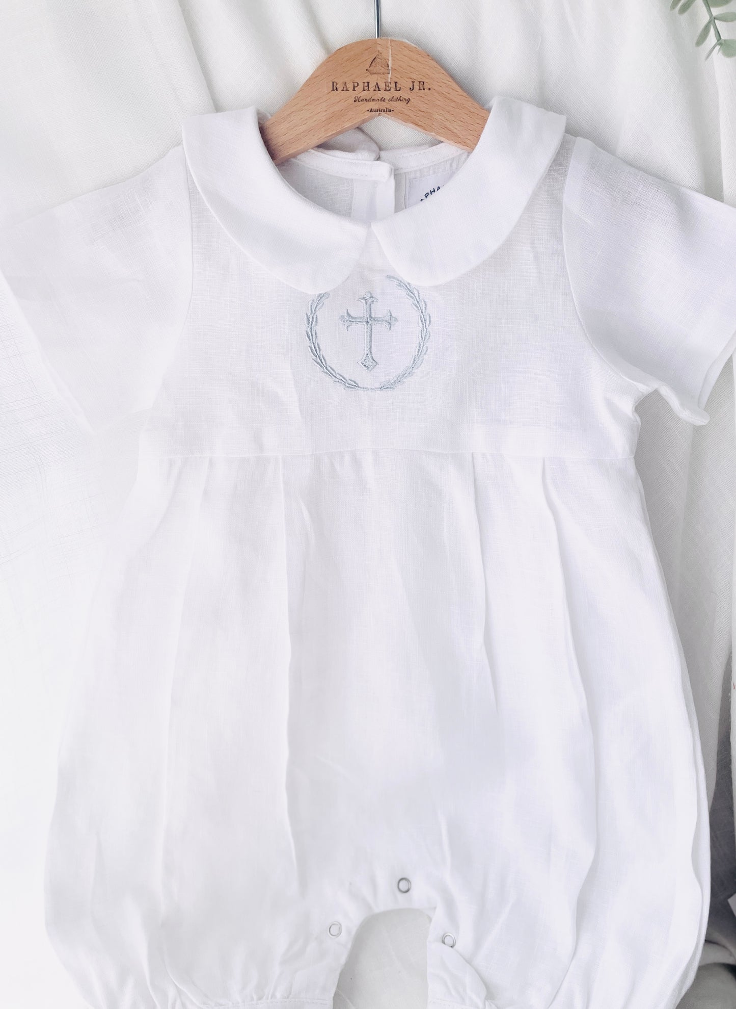 Linen Baptism 3/4 length jumpsuit with optional cardigan and embroidery