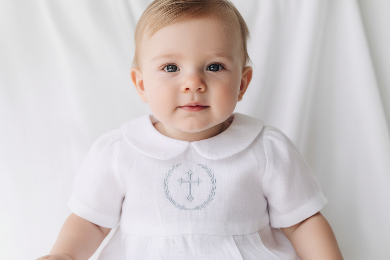 Linen Baptism 3/4 length jumpsuit with optional cardigan and embroidery