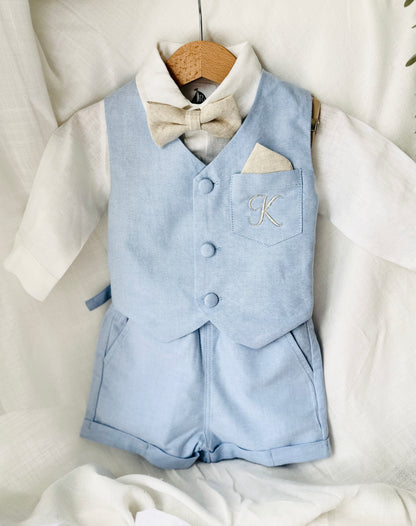 Pale blue summer vest set with blue vest, suspender shorts white shirt and bowtie