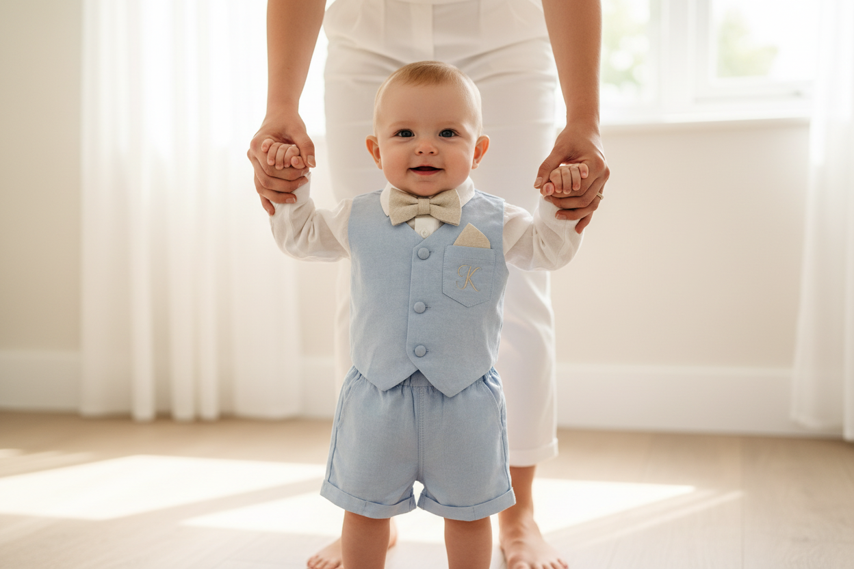 Pale blue summer vest set with blue vest, suspender shorts white shirt and bowtie