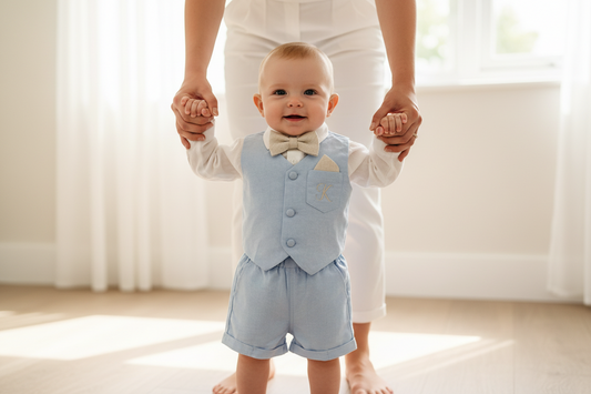 Pale blue summer vest set with blue vest, suspender shorts white shirt and bowtie