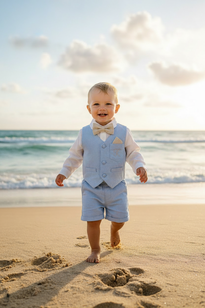 Pale blue summer vest set with blue vest, suspender shorts white shirt and bowtie