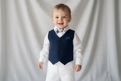 Boys Navy blue vest with white linen suit set