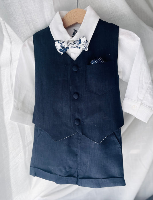 Navy blue linen summer set with vest, shorts, shirt, suspenders and bow tie plus optional jacket, embroidery, shoes and cap