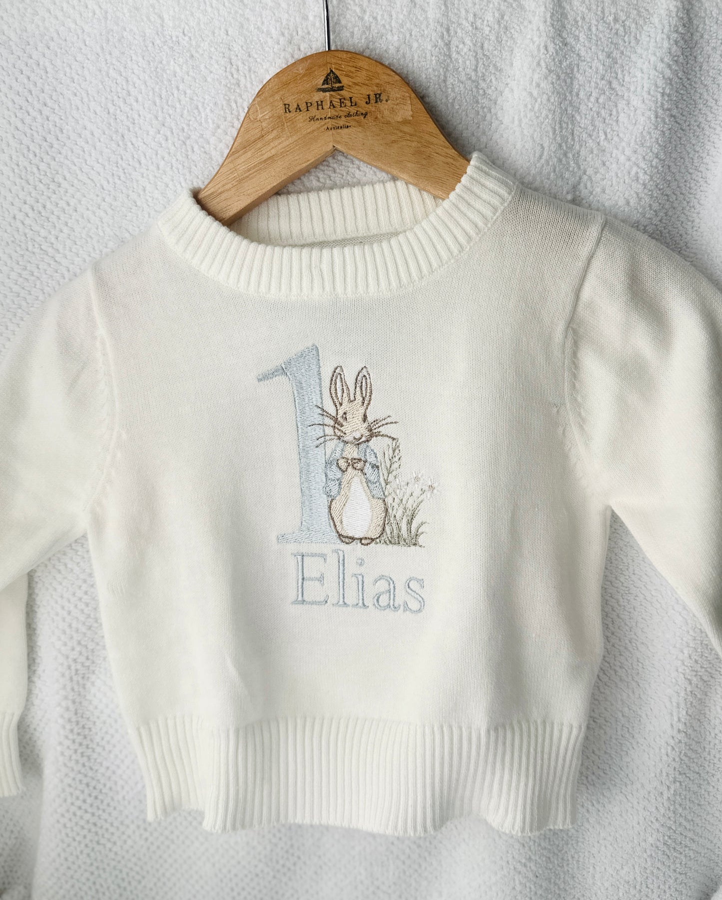 Warm white cotton sweater with optional first birthday embroidery