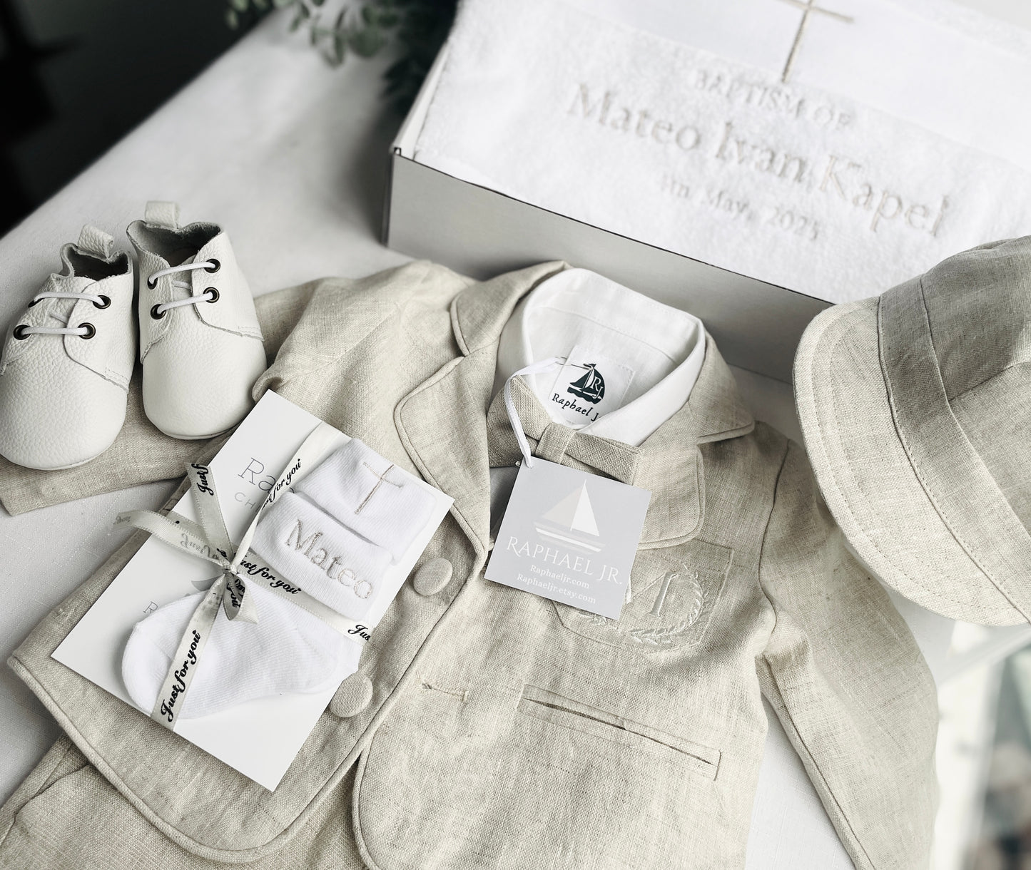 Beige linen baby and toddler boys suit with additional accessories and personalisation
