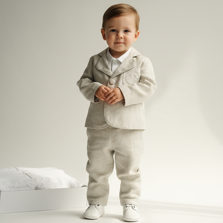 Beige Linen full length suit with pants, shirt, jacket and accessories