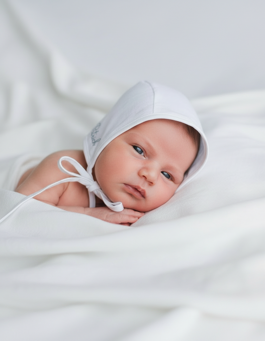 White linen baby bonnet for baptisms and christenings with optional embroidery