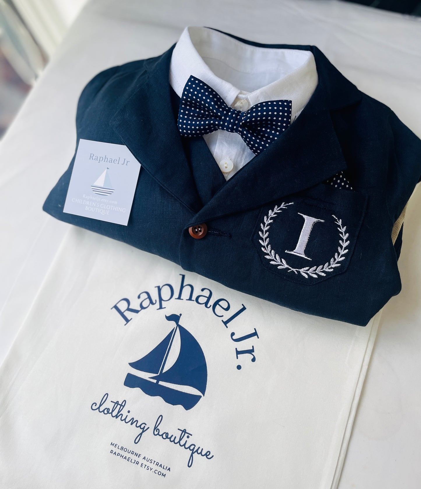 Navy blue linen baby and toddler boys formal baptism or wedding suit with accessories and optional personalisation