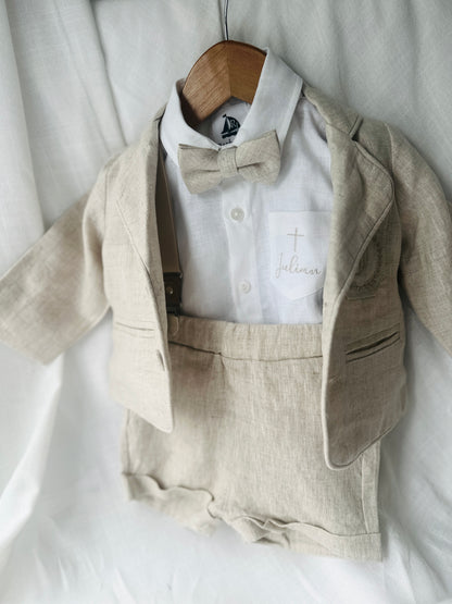 Beige Linen Baptism outfit with suspender shorts, shirt, and bow tie plus optional jacket and embroidery