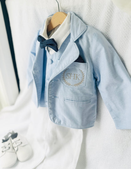 Boys Light blue suit with blue vest, bow tie optional jacket, plus white linen shirt and suspender pants