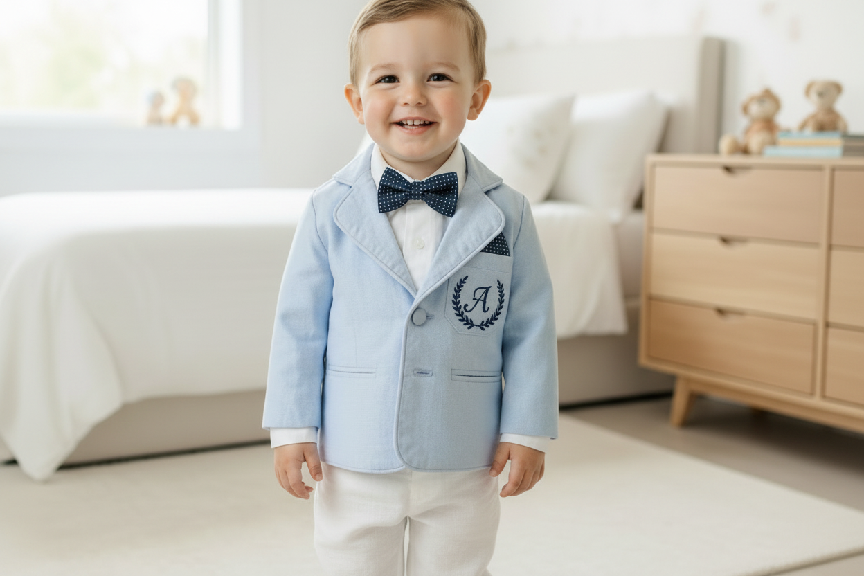 Boys Light blue suit with blue vest, bow tie optional jacket, plus white linen shirt and suspender pants