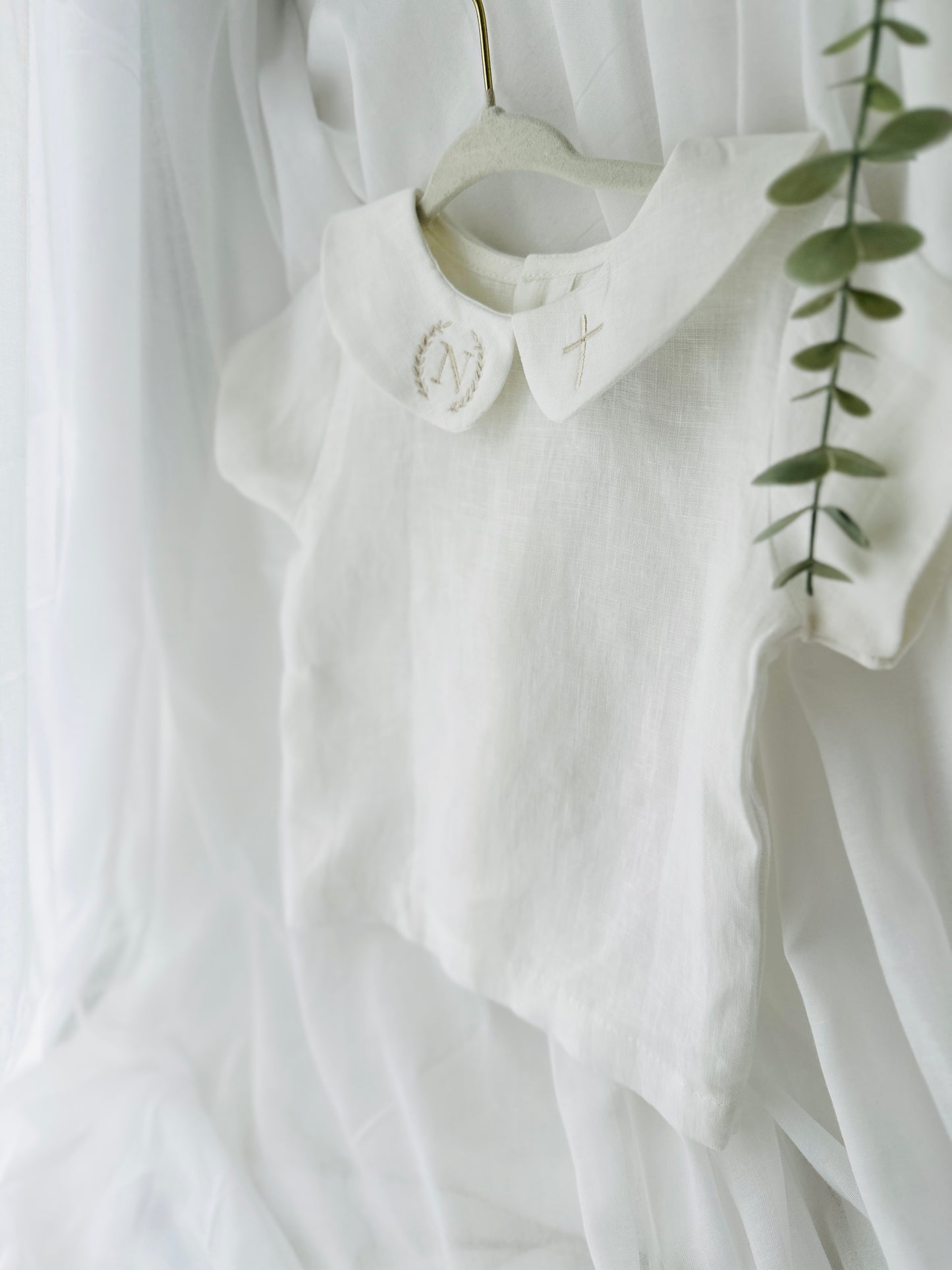 Beige and white linen Birthday and Baptism blouse with suspender shorts set