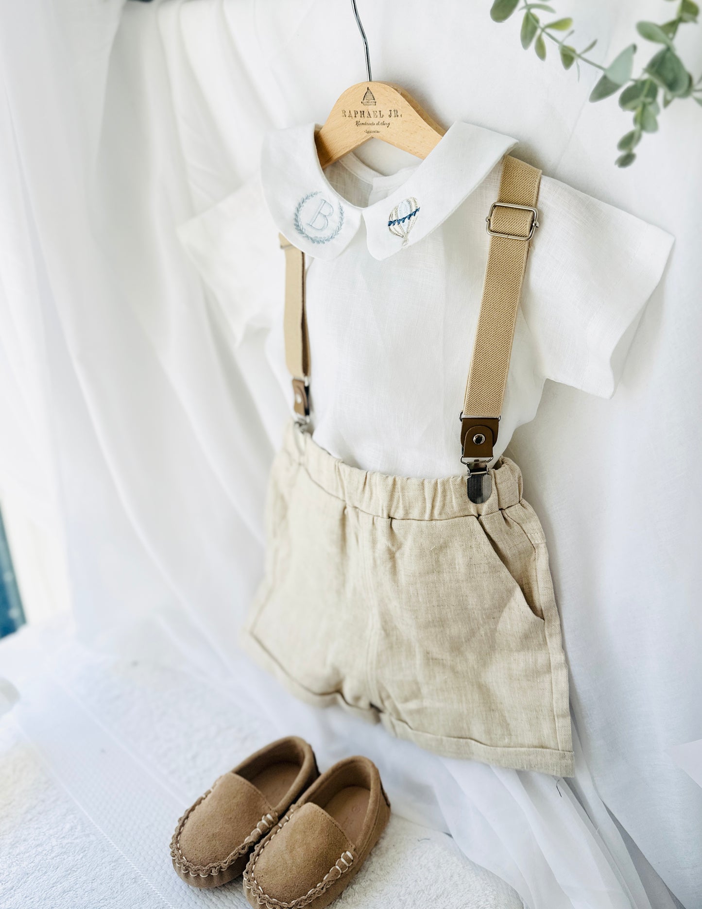 Beige and white linen Birthday and Baptism blouse with suspender shorts set