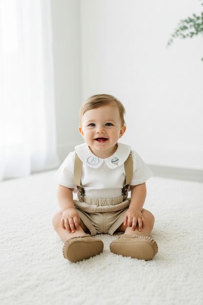 Beige and white linen Birthday and Baptism blouse with suspender shorts set