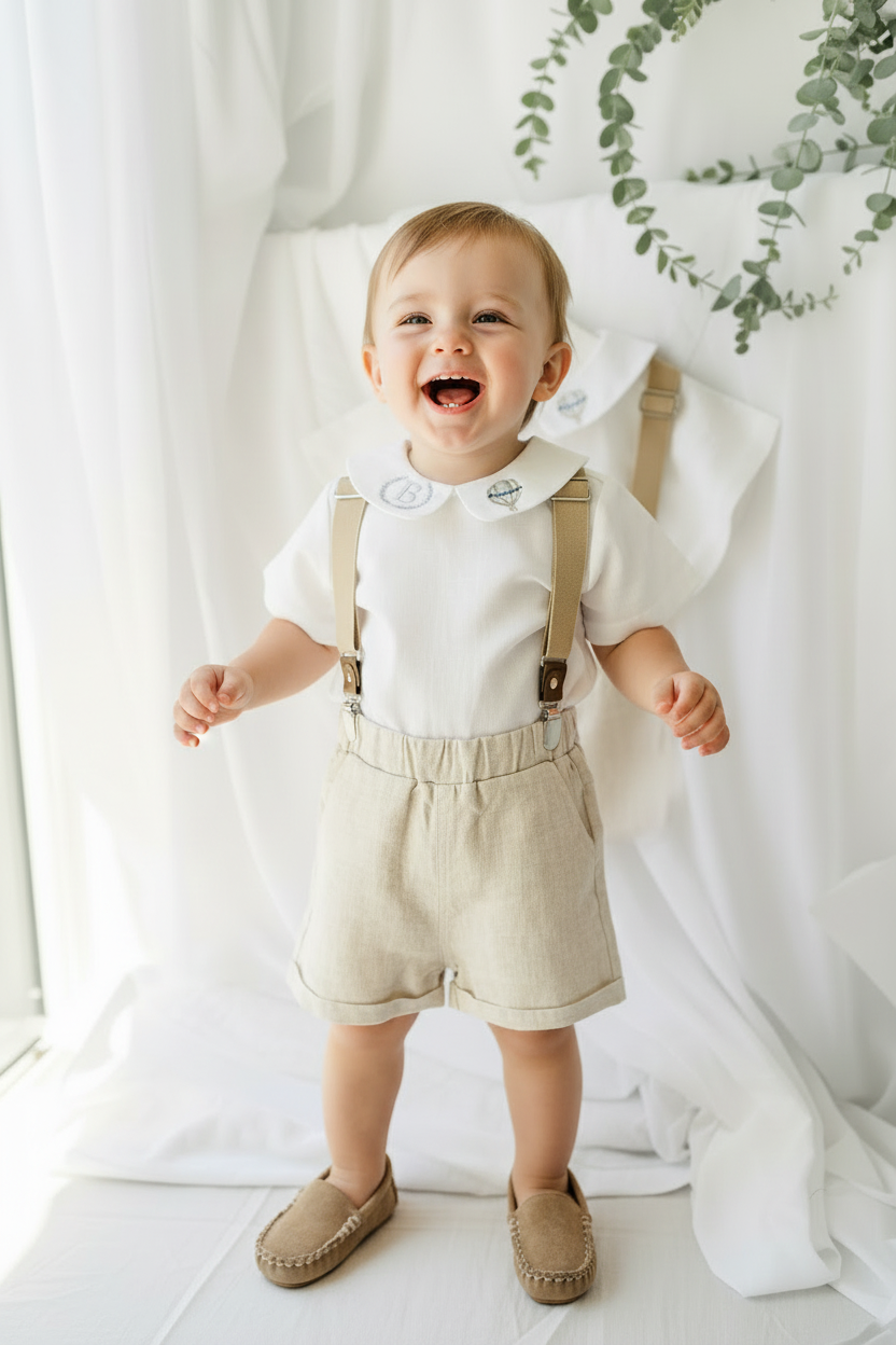 Beige and white linen Birthday and Baptism blouse with suspender shorts set