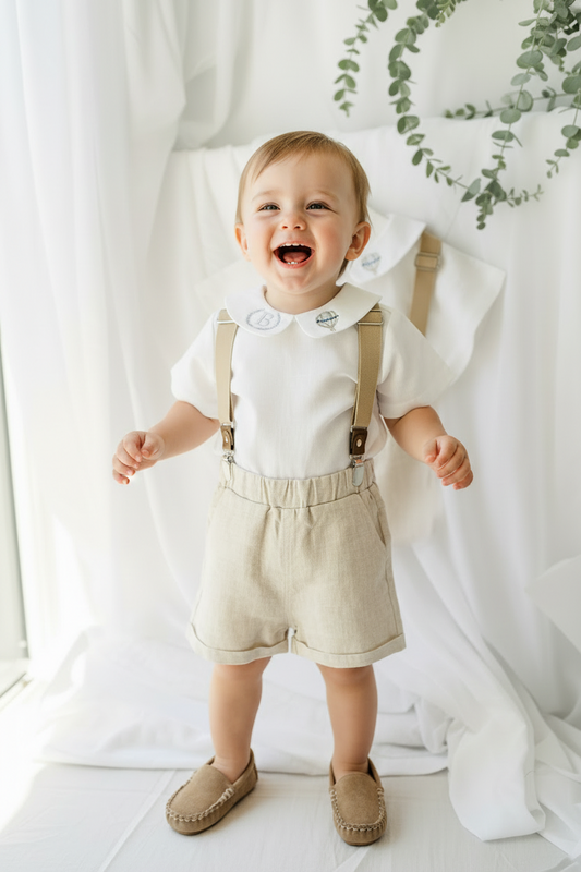 Beige and white linen Birthday and Baptism blouse with suspender shorts set