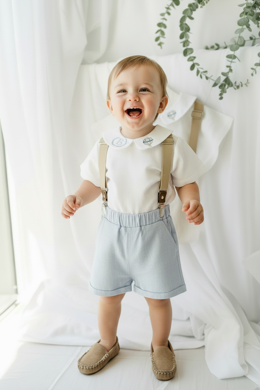 Blue and white linen first Birthday and Baptism blouse with suspender shorts set