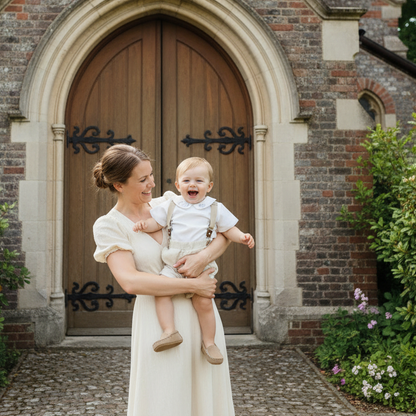 Beige and white linen Birthday and Baptism blouse with suspender shorts set