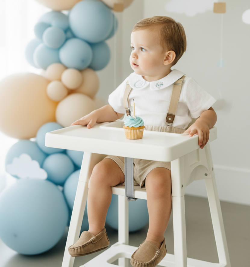 Beige and white linen Birthday and Baptism blouse with suspender shorts set