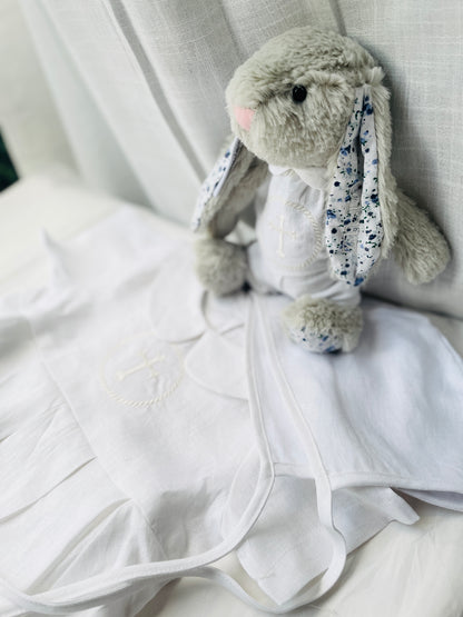 Linen Baptism 3/4 length jumpsuit with optional cardigan and embroidery