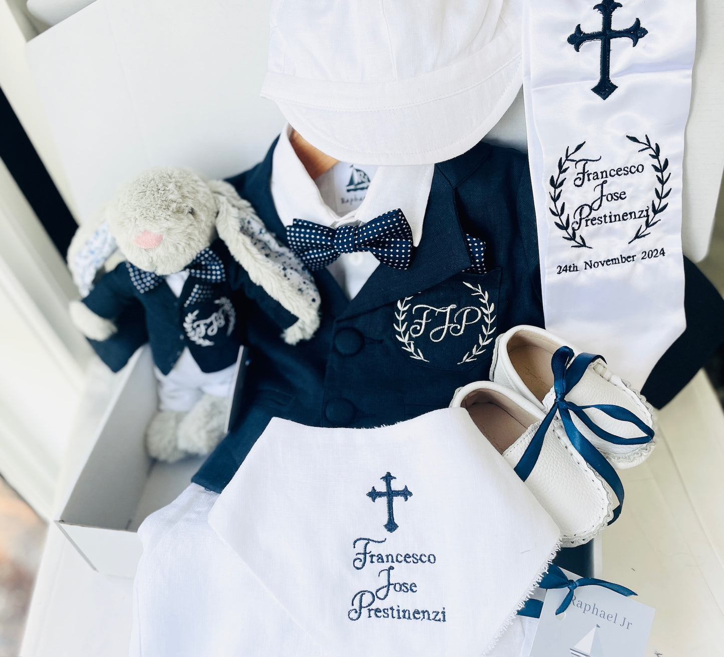 Navy blue linen baby and toddler boys formal baptism or wedding suit with accessories and optional personalisation