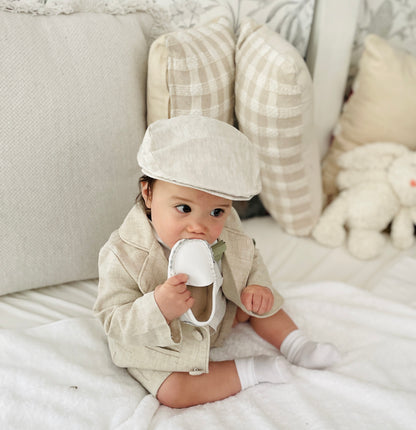 Beige Linen Baptism outfit with suspender shorts, shirt, and bow tie plus optional jacket and embroidery