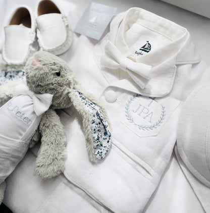 Boys white linen full 5 piece suit with vest, jacket, shirt, pants, suspenders and bow tie plus extras
