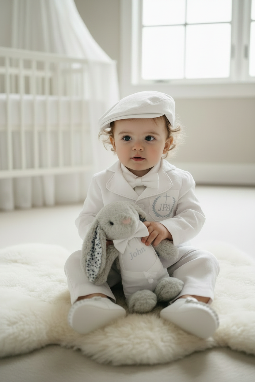 Boys white linen full 5 piece suit with vest, jacket, shirt, pants, suspenders and bow tie plus extras