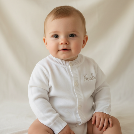 White cotton Baptism christening cardigan sweater with optional embroidery