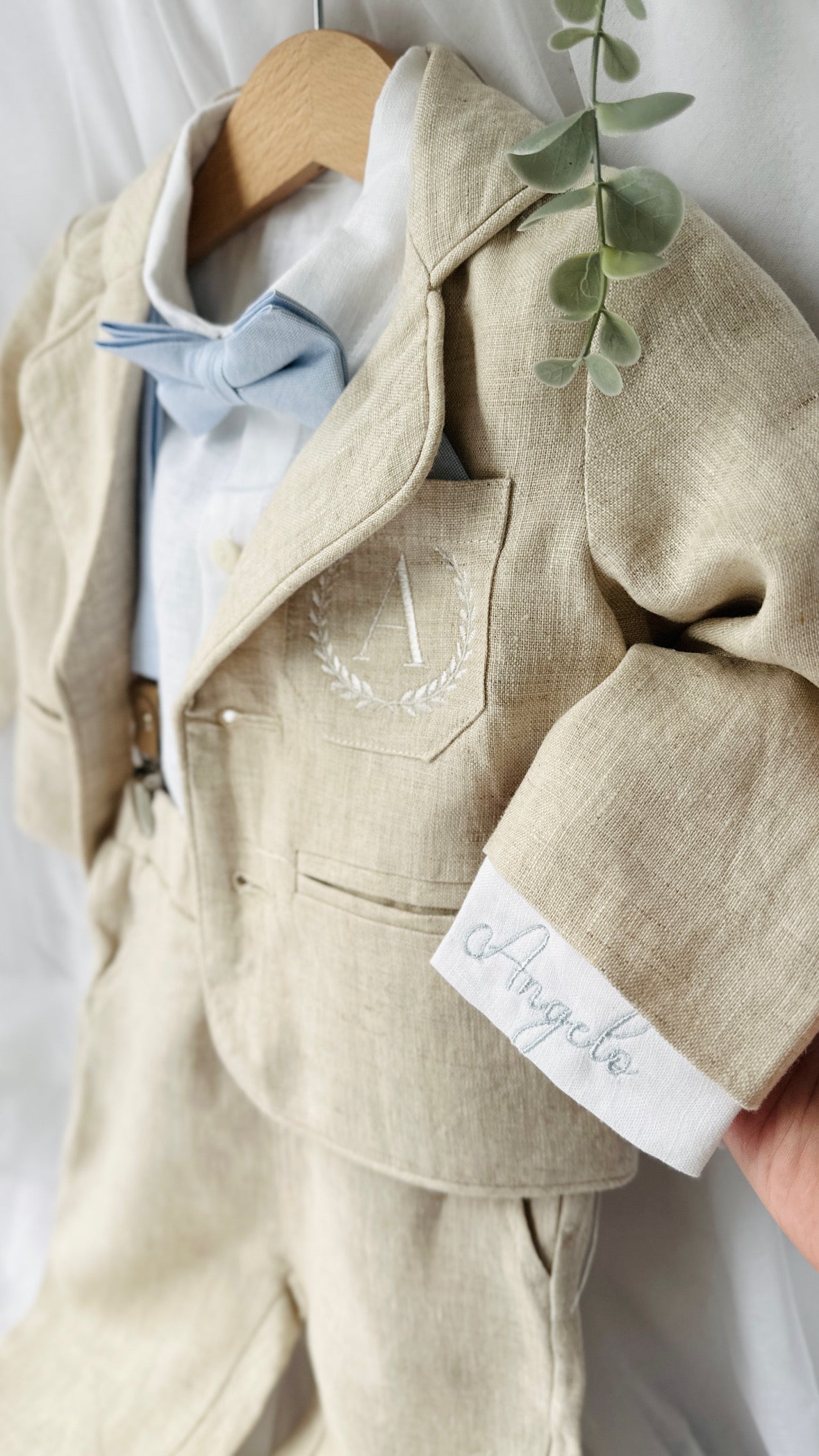 Beige Linen full length suit with pants, shirt, jacket and accessories