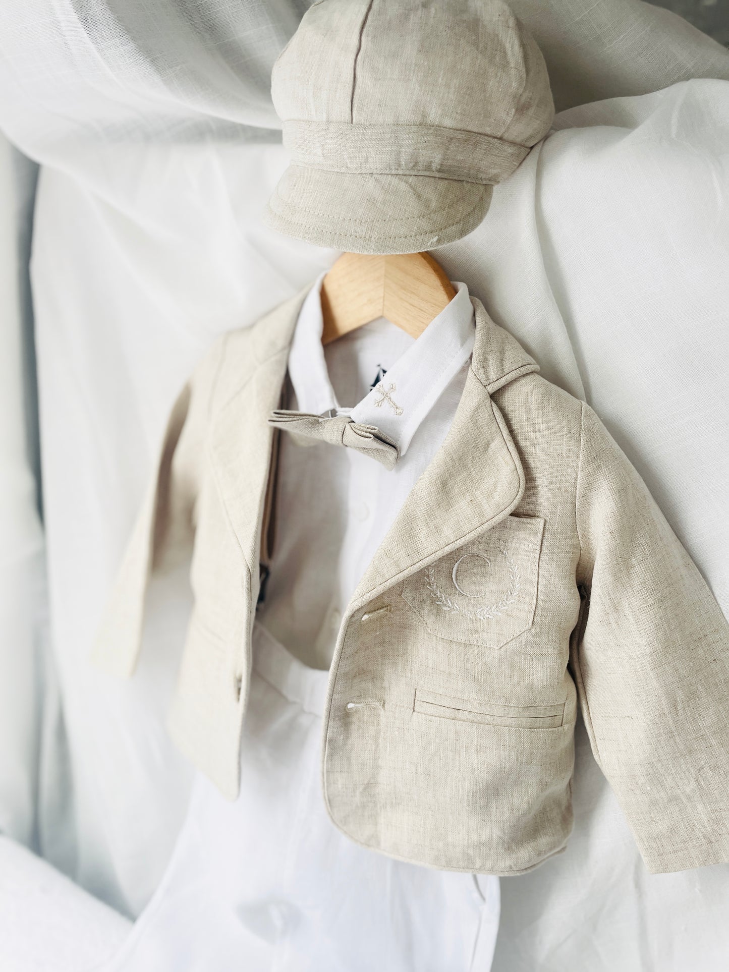 White and Beige Linen Set with optional Jacket Accessories and Embroidery Available