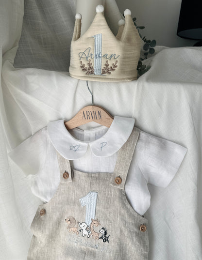Boys Beige Linen Birthday overalls romper dungarees safari balloon fast car wild sea themes