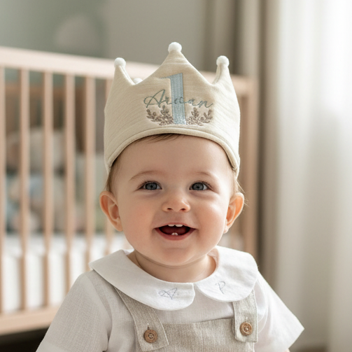 Beige or White First Birthday crown hat with embroidery
