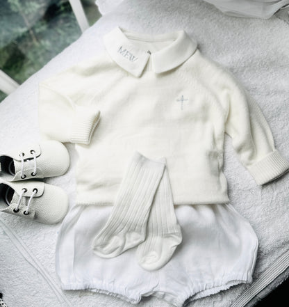 Baptism outfit with cotton onesie and jumper and linen bloomers and long socks