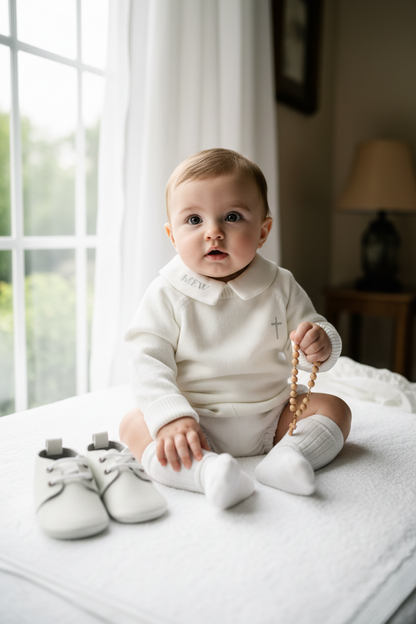 Baptism outfit with cotton onesie and jumper and linen bloomers and long socks