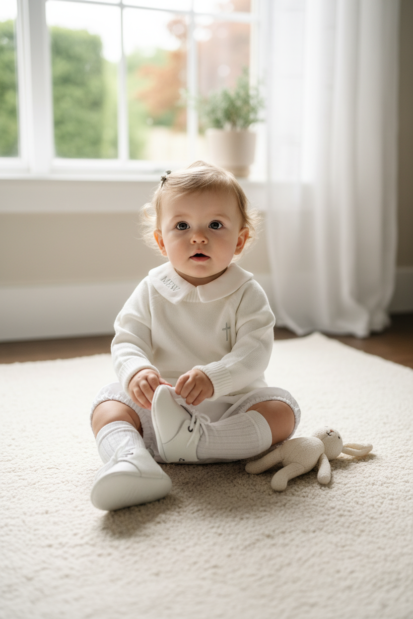 Baptism outfit with cotton onesie and jumper and linen bloomers and long socks