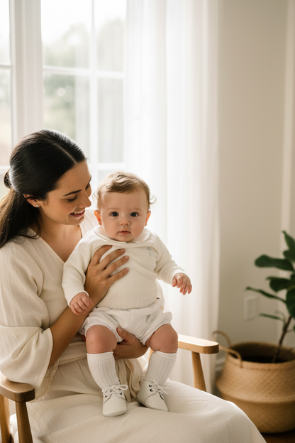 Baptism outfit with cotton onesie and jumper and linen bloomers and long socks