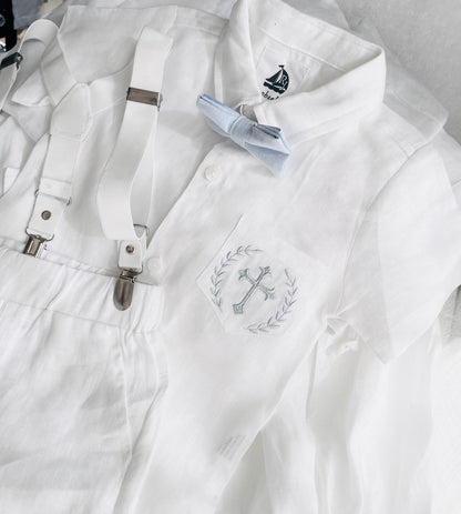 White linen summer Baptism outfit with suspender shorts, shirt, bowtie plus optional extras