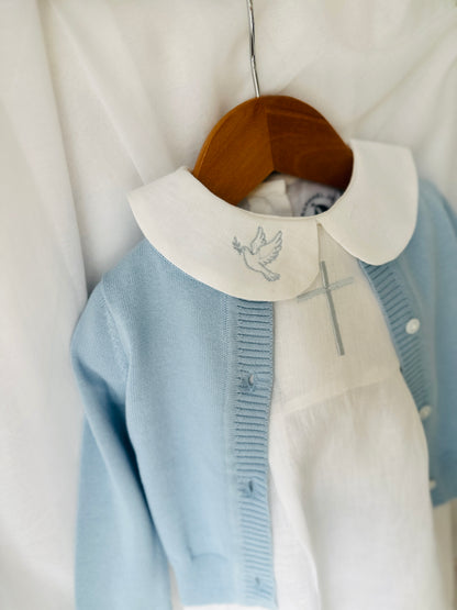 Linen Baptism 3/4 length jumpsuit romper with optional pale blue cardigan