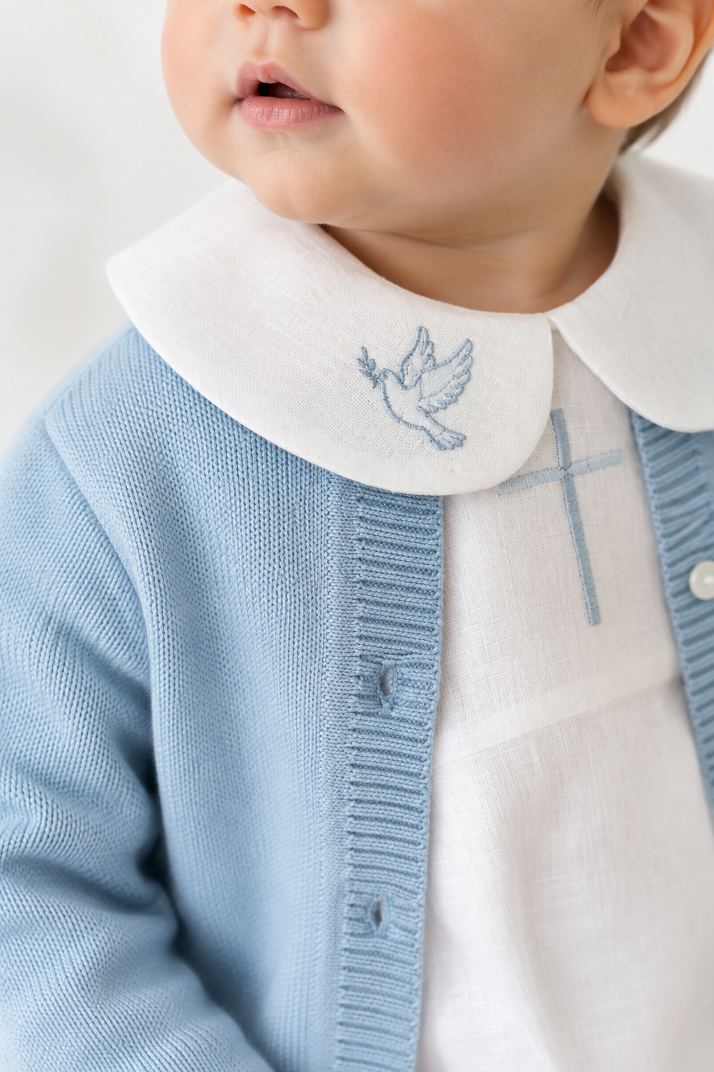 Linen Baptism 3/4 length jumpsuit romper with optional pale blue cardigan
