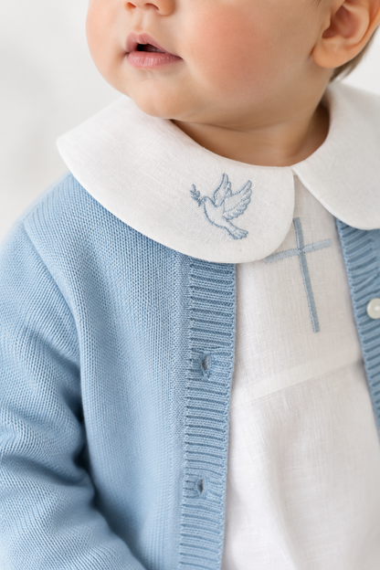 Linen Baptism 3/4 length jumpsuit romper with optional pale blue cardigan